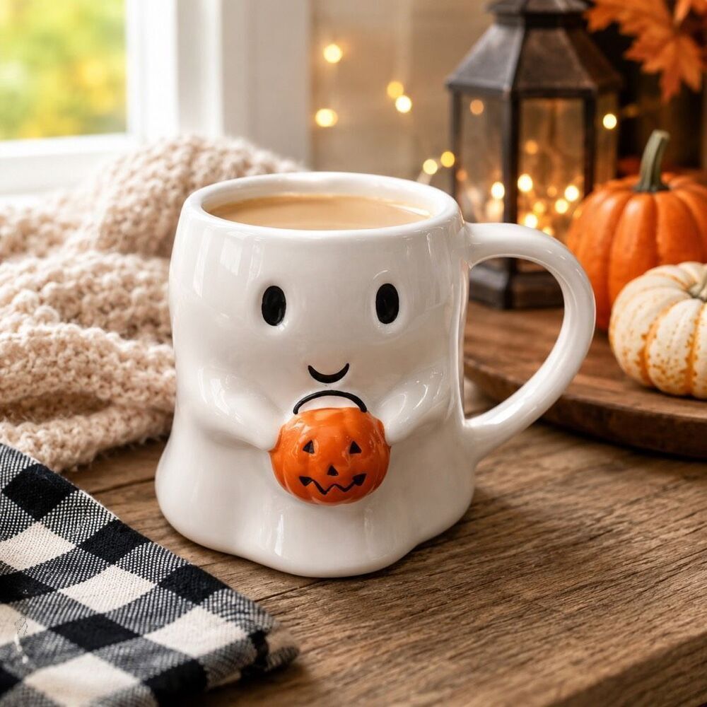 Halloween Cracker Barrel Ghost Mug With Pumpkin 16 Oz Coffee Mug Spooky